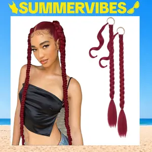 SummerVibes AISI HAIR 32inch 2PCS Long Braided Ponytail Extension for Galentine's Party Style Ponytail Synthetic Hair Piece for Women  Braiding Wig Red Girl Glueless Newborn Hairline Clip In