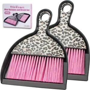 2PCS Mini Dustpan and Brush Set, Small Broom and Dustpan Set with Pink Leopard Print Design, Hand Broom Whisk Broom and Dust Pan For Cleaning Desk,Home,Cars,Pets,Kids
