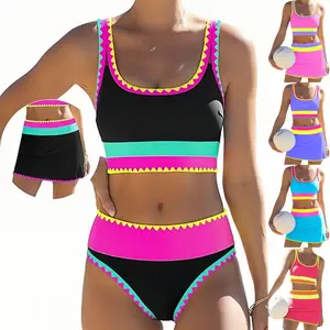 3-Piece set of new diving and surfing beach highlights of the beautiful girl's choice skirt three-piece set of high-waisted bikini women's contrasting color split swimsuit serrated edge vacation swimsuit