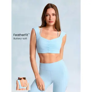 GLOWMODE FeatherFit Flex And Flow 2-In-1 Buttery-Soft Stretchy Wide Strap Full Underarm Coverage Gathered Sports Bra Low Impact Yoga Pilates Studio Gym Daily Casual Wear Removable Cups