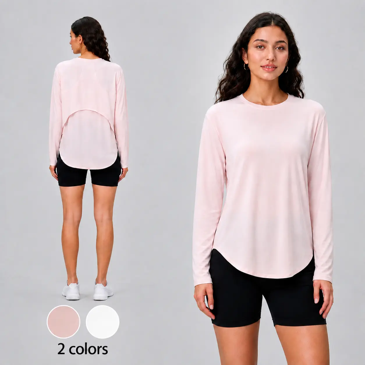 Women’s Crew Neck Long Sleeve Athletic Wear - Breathable Casual Sport Top with Curved Hem for Yoga, Gym, Run