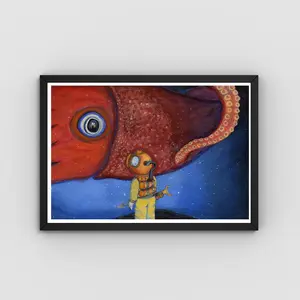 Captain Nemo Diver Squid Art Print – Nautical Kids Painting - Storybook Illustration Style - Original Art