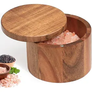 Salt Cellar with Lid, 1 Cup Acacia Wood Salt Container with Swivel Cover for Spice/Herbs/Seasonings, Wooden Salt Holder Box for Charcuterie/Kitchen, 8.5 oz
