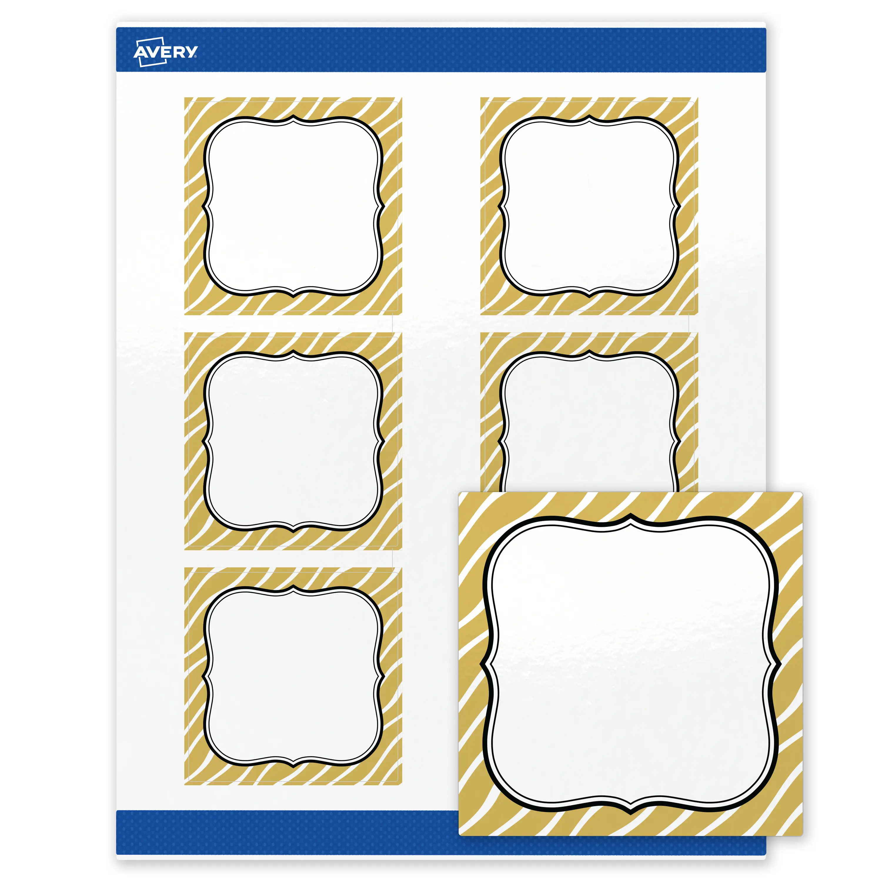 Avery Printable Square Labels, 3" x 3", Glossy White, Pre-printed Metallic Gold Zebra Pattern Design, Sure Feed Technology, Laser & Inkjet Compatible, 120 Total
