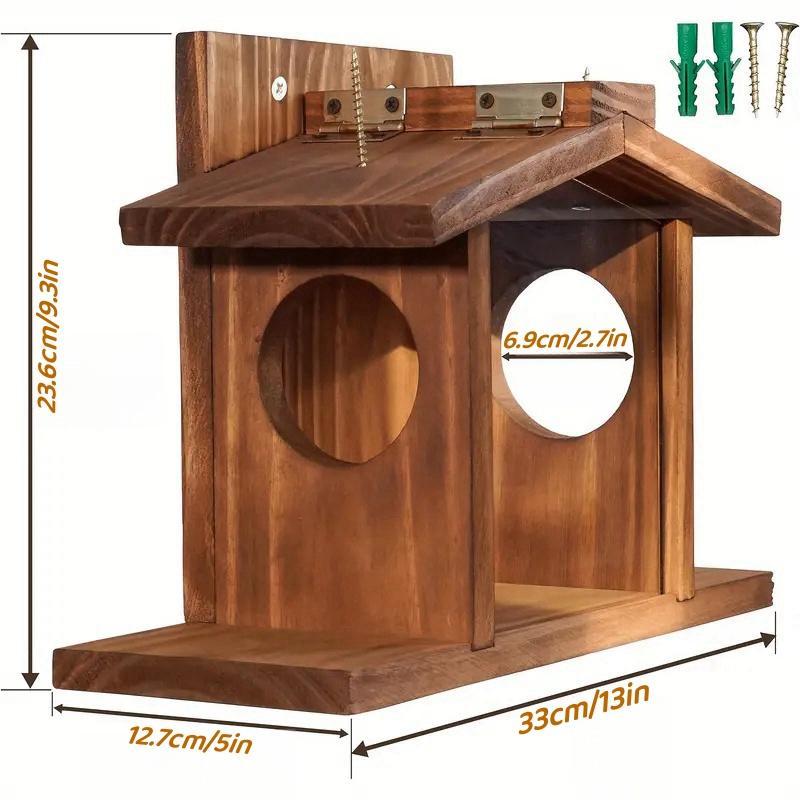 Wooden Squirrel Feeder Set, Winter Outdoor Squirrel Feeder, Corn and Peanut Wooden Nuts Feeder, Durable Box Easy to Fill, Removable Front Panel
