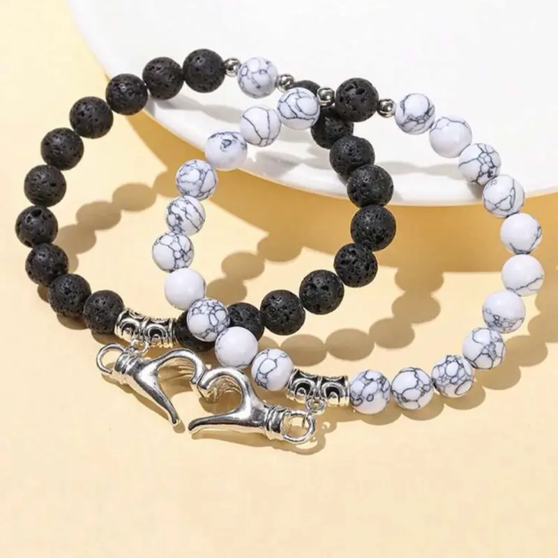 2pcs Set Natural Volcanic Stone & Turquoise Magnetic Couple Bracelet, Fashionable Luxury Minimalist Design, Suitable for Daily Wear or Gifting