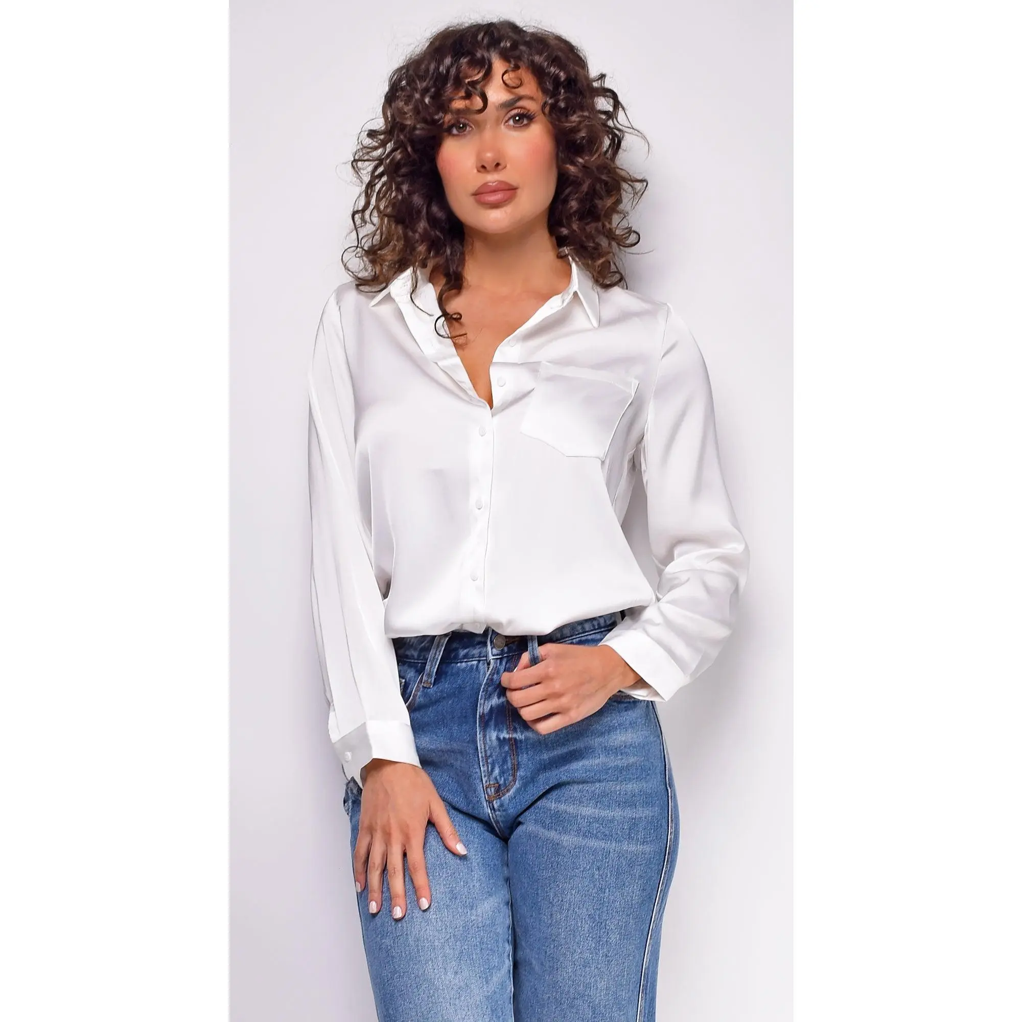 Braylee Satin Button Down Blouse Top - White