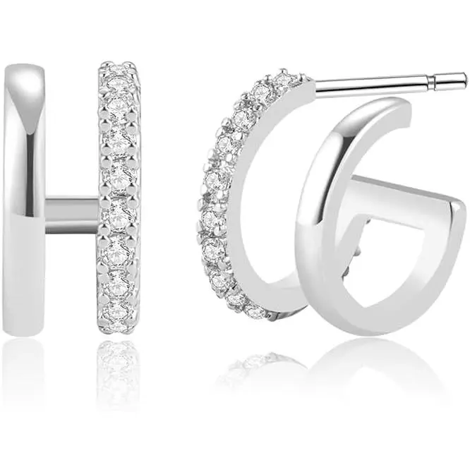 CZ Double Huggie Hoops-White Gold
