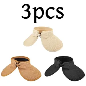 3 pcs Womens Wide Brim Hat Foldable Straw Sun Visor Hats Summer UV Protection Beach Cap