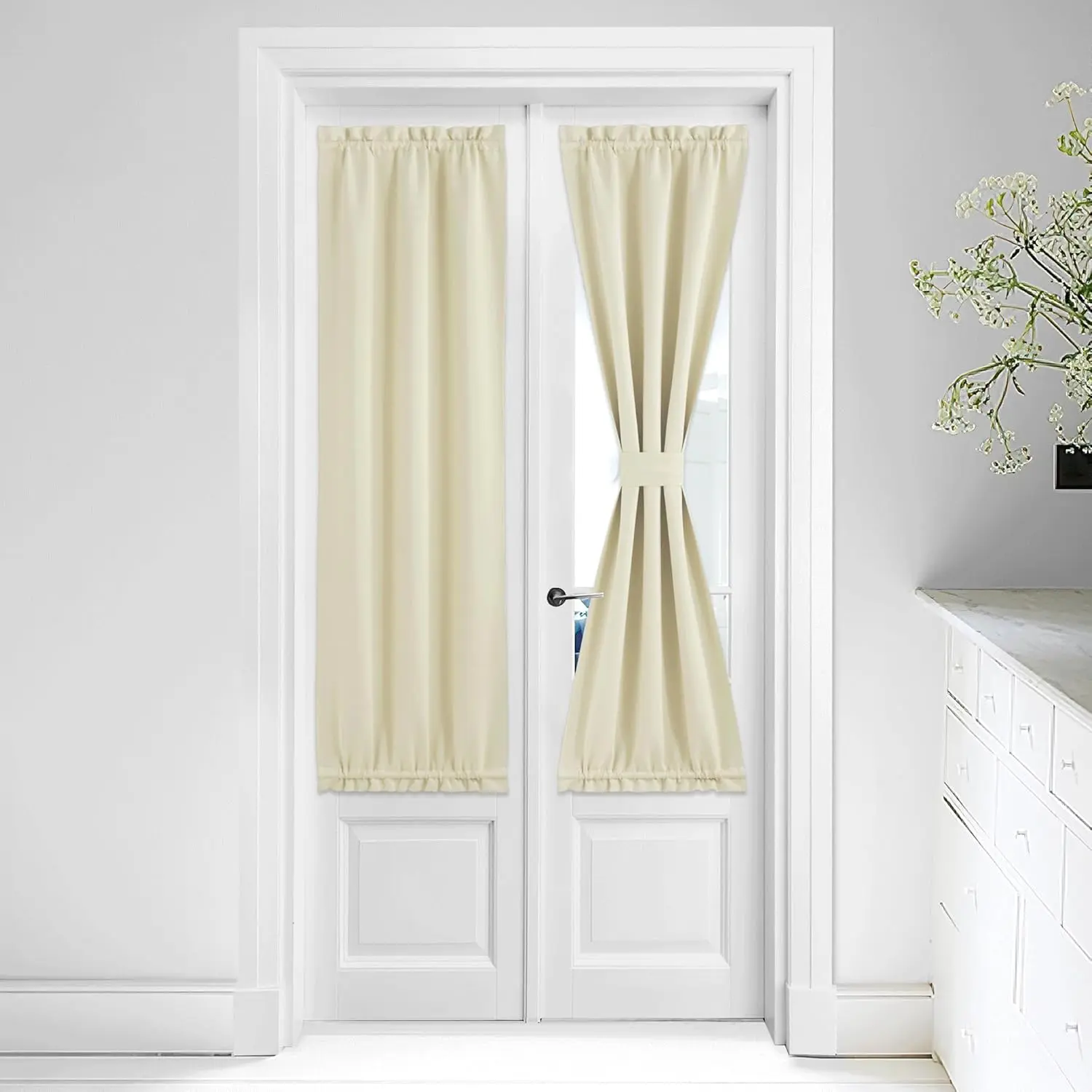 NICETOWN 1 Panel Sidelight Door Curtain - Farmhouse Blackout Patio Panel Thermal Insulated Top and Bottom Rod Pocket French Door Curtain for Privacy Bonus Tiebacks, 25 x 64-inch, Light Beige
