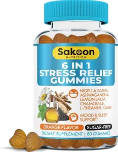 6-in-1 Stress Relief Gummies 60ct - Aids Relaxation with Ashwagandha, GABA, L-theanine, Lemon Balm, Chamomile, Black Cumin Seed Nigella Sativa. Improved Deep Sleep, Joint Support - 60 gummies