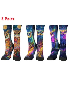 3 Pairs of Women's Starry Sky Mysterious Owl Print Mid-Calf Socks - Fantasy Casual Creative Warm Comfort Versatile Non-Slip Men's Crew Socks Travel Sports Holiday Party Gift