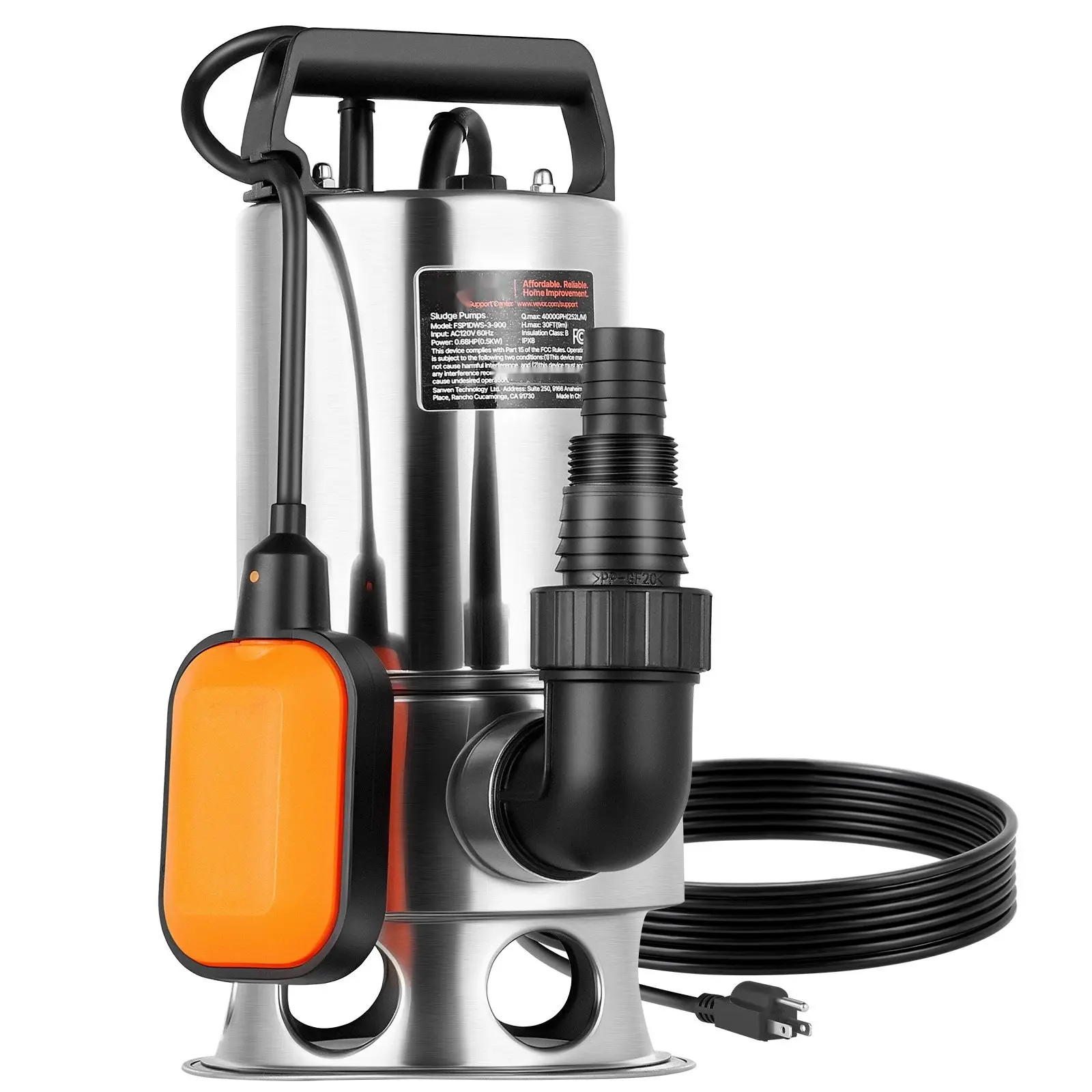 0.68 HP Submersible Sump Pump, 4000 GPH, Stainless Steel, Sewage/Dirty Water Ready, Automatic Float Switch, Long Cord, 30 Ft Lift, Ideal for Pools, Gardens, and Flooded Basements, Residential and Light Commercial Drainage