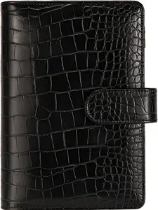 A6 Crocodile Budget Binder Cover - PU Leather Notebook Binder with Hidden Snap Buckle, Small 6 Ring Refillable Journal Binder, Black