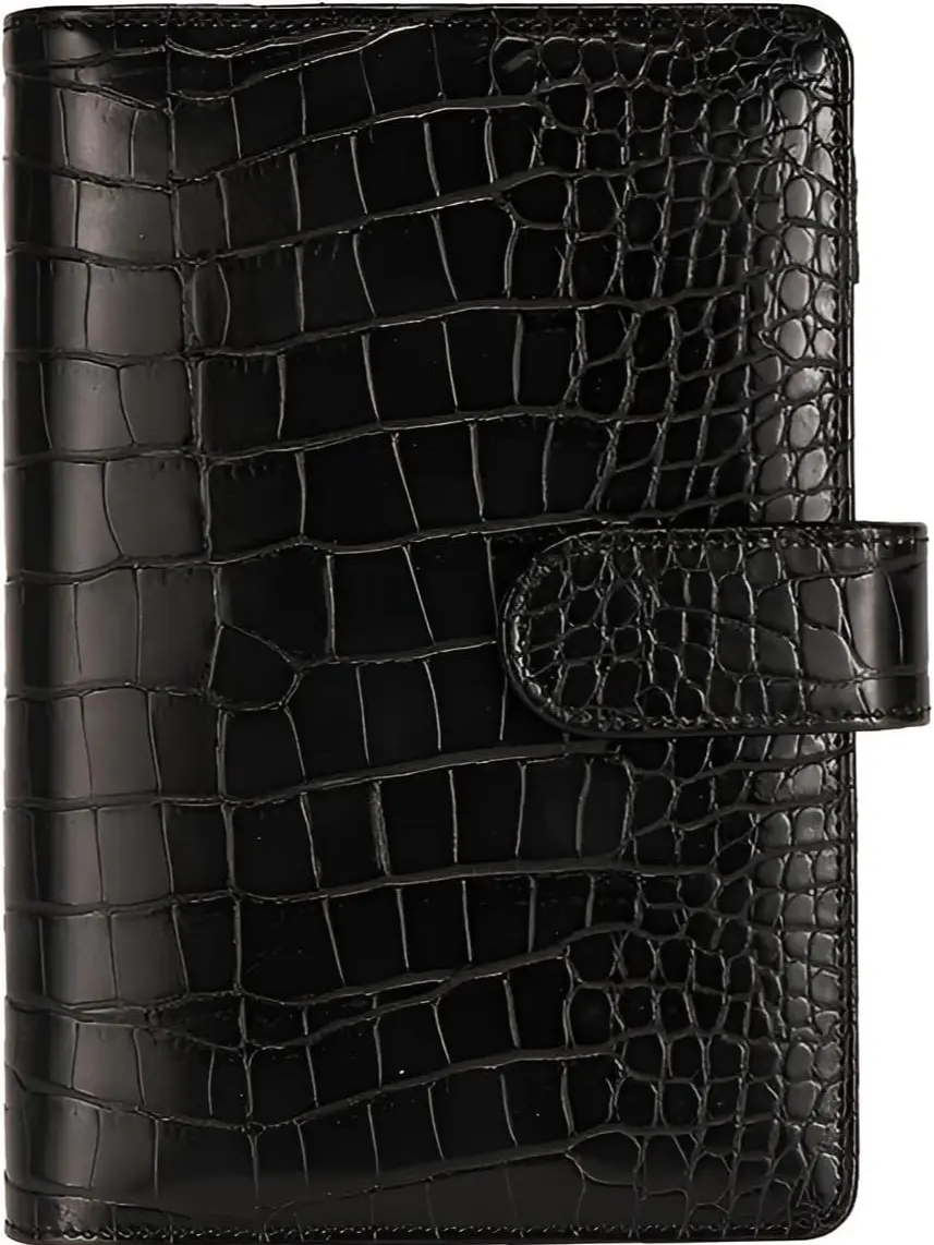A6 Crocodile Budget Binder Cover - PU Leather Notebook Binder with Hidden Snap Buckle, Small 6 Ring Refillable Journal Binder, Black