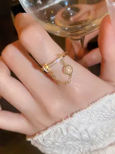 Elegant Zirconia Inlaid Round Chain Tassel Open Ring, Stylish Jewelry Accessory for Women, Perfect Gift Idea for Any Occasion, Fashion Rings