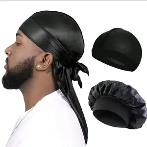 Durag 3 Unisex Large Turbante Skullcap with Elastic Band, Black, Suitable for All Skin Tones
