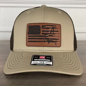 2nd Amendment 2A American Flag Patriotic Leather Patch Hat Khaki/Brown