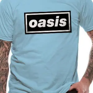 Oasis T Shirt Band Logo Definitely Maybe Official Licensed Blue Mens Rock Merch