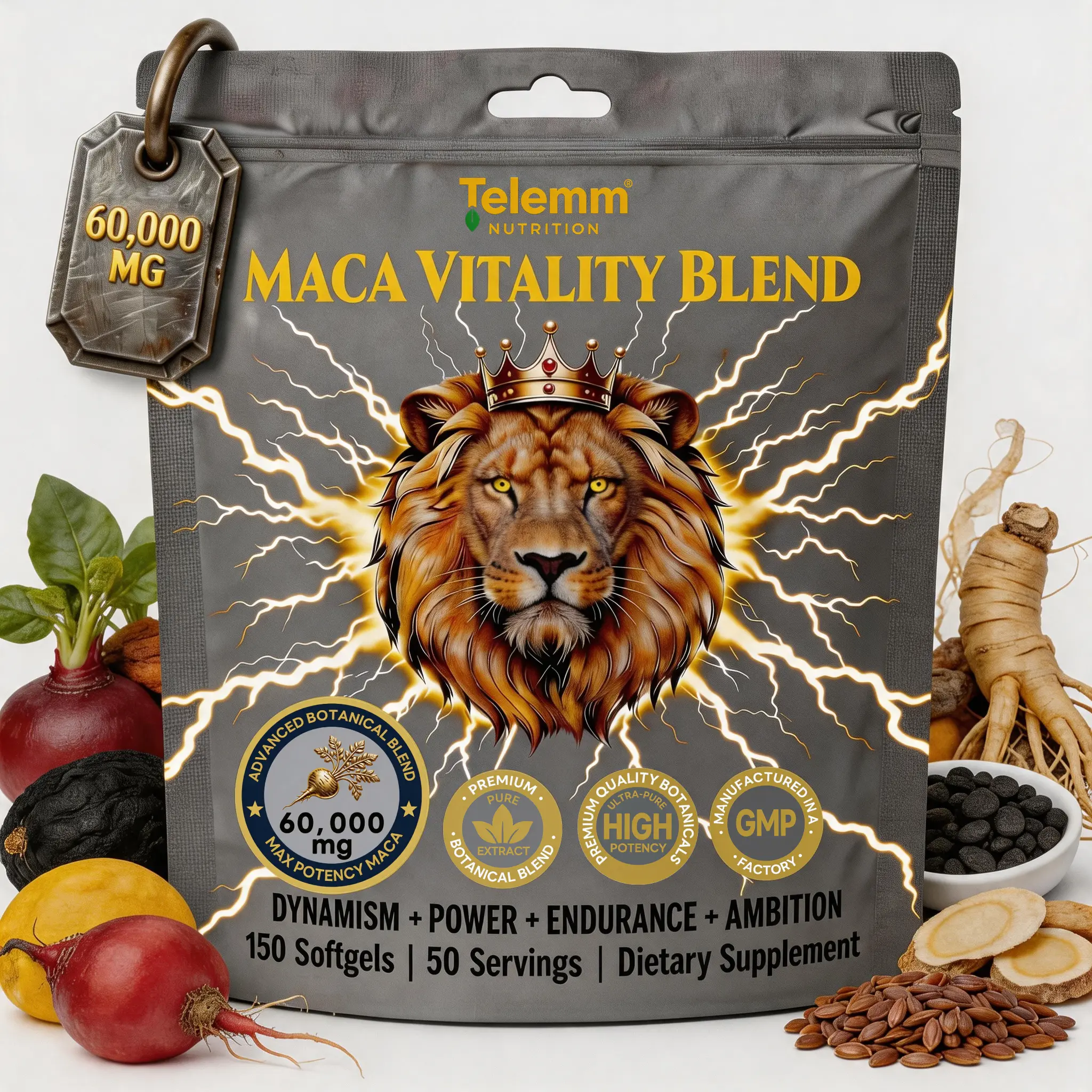 Telemm Maca Vitality Blend 60,000mg | Ultimate Energy & Stamina Support | Premium Maca, Ashwagandha & Ginseng - 150 Softgels