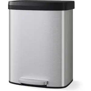 16 gal / 60 L Stainless Steel Trash Can with Lid, Large Garbage Can for Kitchen, Rustproof Step-on Kitchen Metal Trash Bin with Liner Rim, Rear Handle, Soft Close Plastic Lid, Silver