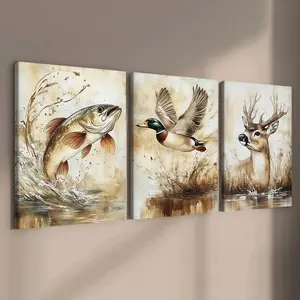3-count wooden frame canvas, retro-style animal triad poster, natural and wild fish, deer and bird art poster, fashionable poster, modern home decoration, suitable for bedroom, living room and entrance hall decoration, waterproof art, Wood Wall Art