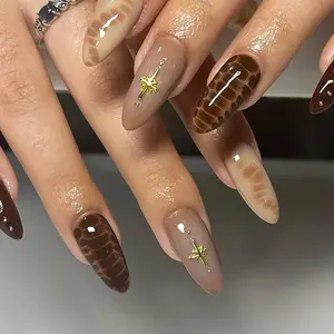 Mocha Tortoise Star Press On Nails | Glossy Nude Brown Almond Handmade Nail Set