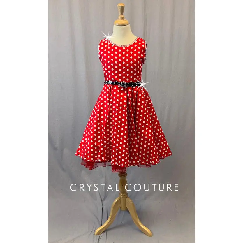Red Polka Dot A-Line Dress with Belt - Rhinestones