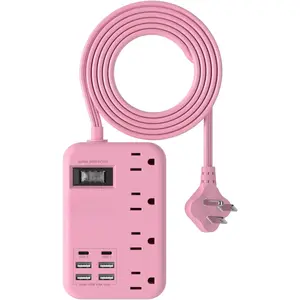 6 USB(2 USB C) Pink Extension Cord- 5Ft Pink Travel Power Strip with 24W USB  Station and 4 Outlets, Pink Desk Accessories with Surge Protector for Cute Kawaii Pink Gifts College Dorm Desk