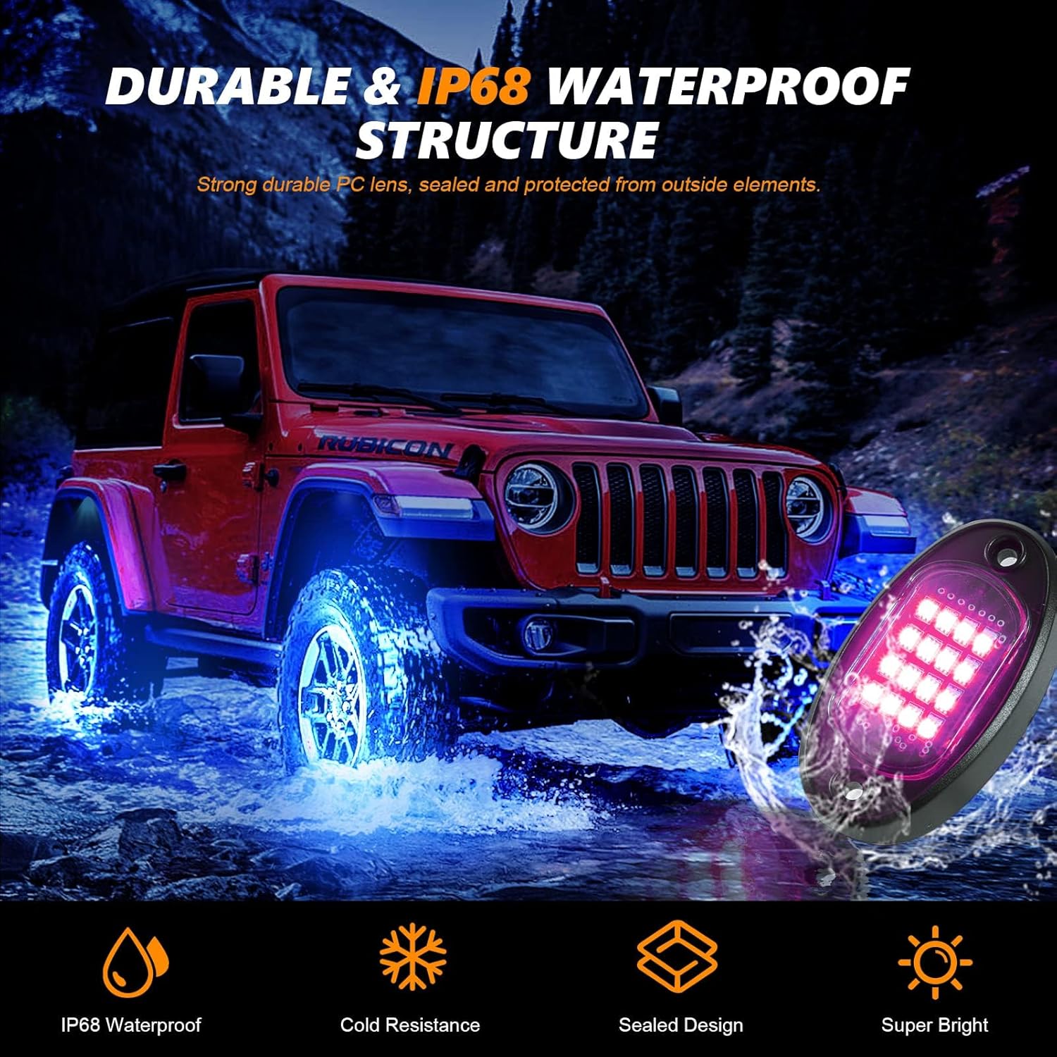 4Pods High-Quality RGB Car Rock Lights Underglow with Bluetooth-Compatible App Control, Multi-Color Neon Music Mode, IP68 Waterproof, Fit for Truck, ATV, UTV, RZR and SUV, Men's Car Lighting Gift LED Lights, Led Car Ambient Light