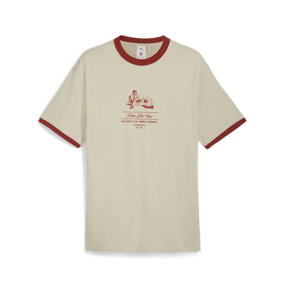 PUMA Mens X Palm Tree Crew Ringer Graphic Crew Neck Short Sleeve Casual Tops Casual - Beige