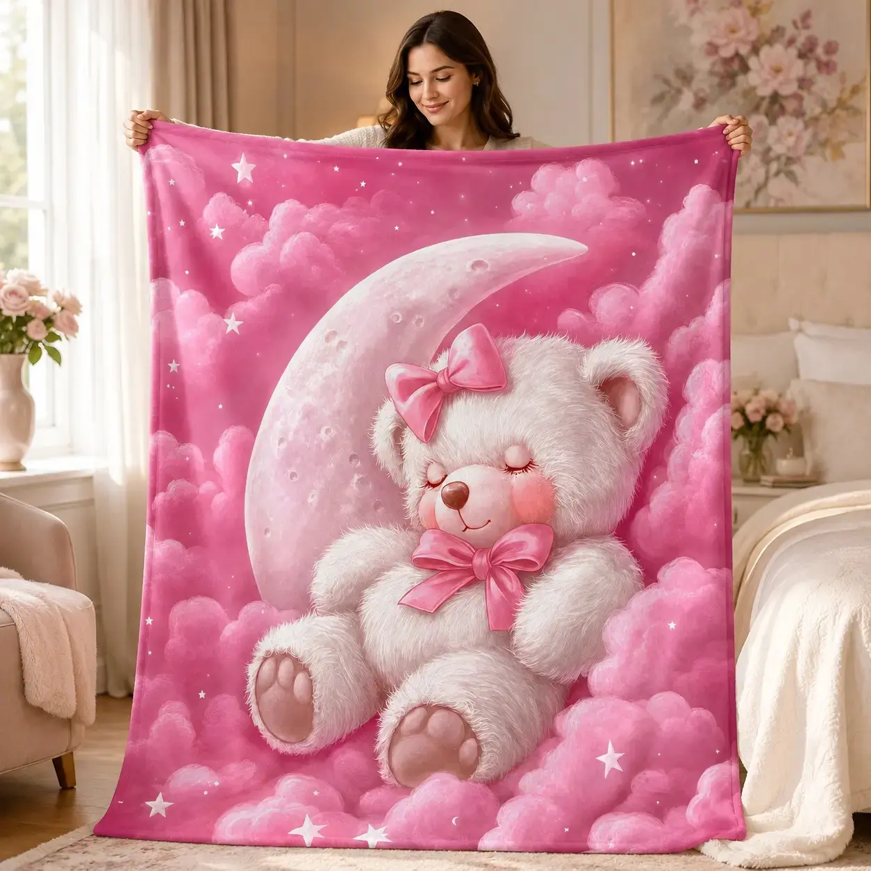 Pink Coquette Sleeping Teddy Bear Fleece Blanket, Soft Starry Moon Cloud Throw for Bed Sofa Nursery. Dreamy Romantic Bow Aesthetic Nap Cover, Cute Room Decor Kawaii Healing Pattern Girls' Gift Office Essentials TikTok Viral Bedding Cozy Must-Have 2026!