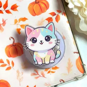 Pastel Rainbow Kitty MagSafe Phone Grip – Cute Kawaii Cat Magnetic Pop Socket & Kickstand – Girly Phone & Kindle Accessory