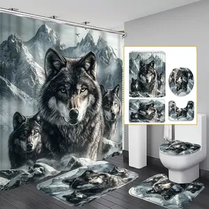 1pc/4pcs 2D Flat Snow Mountain Wolf Pack Pattern Multi-color Background Shower Curtain, Modern and Personalized Home Bathroom Art Decoration, Shower Curtain Set with 12 Hooks, Bathroom Non-slip Mat, Toilet Seat Cover, Holiday Decoration