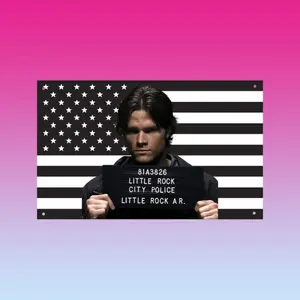 1pc Sam Winchester Mugshot Banner |   Supernatural Themed Tapestry |   Attractive Guy & USA Wall Decoration |   SPN Fan Merchandise |   Attractive Jared Padalecki US Flag (3X5 Feet)