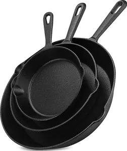 Pre Seasoned Cast Iron Skillet 3 Piece, Cast Iron Grill Pan, Frying Pans, Saute Fry Pan, Cast Iron Set (Black) Handles Oven Cookware Oil frying  pan