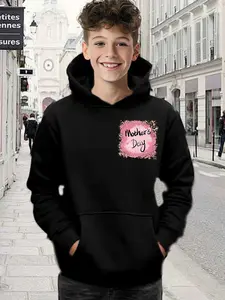 Boys' Spring & Fall Casual Trendy Sweatshirt, Mother's Day Series Letter Leopard Print Hooded Long Sleeve Top, Comfortable Versatile Pullover