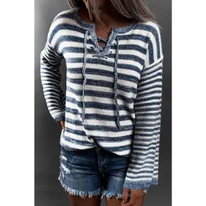 Striped Lace Up Bell Sleeve Sweater