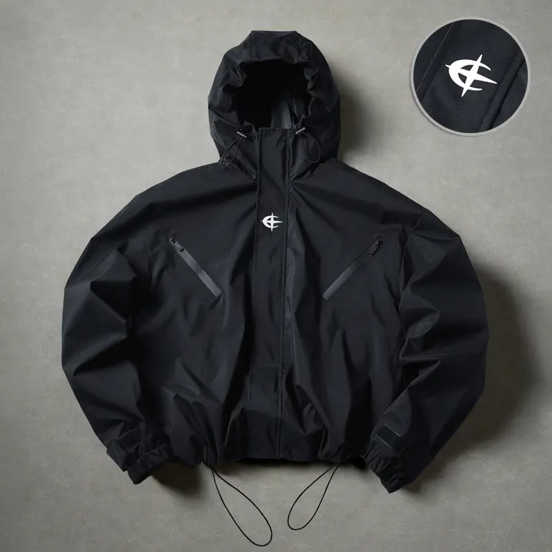 Men’s loose-fit solid-color basic functional short hooded jacket, outdoor waterproof cargo jacket with drawstring hem, suitable for everyday city wear, street style, camping, hiking, and other outdoor activities, designed for adult men.