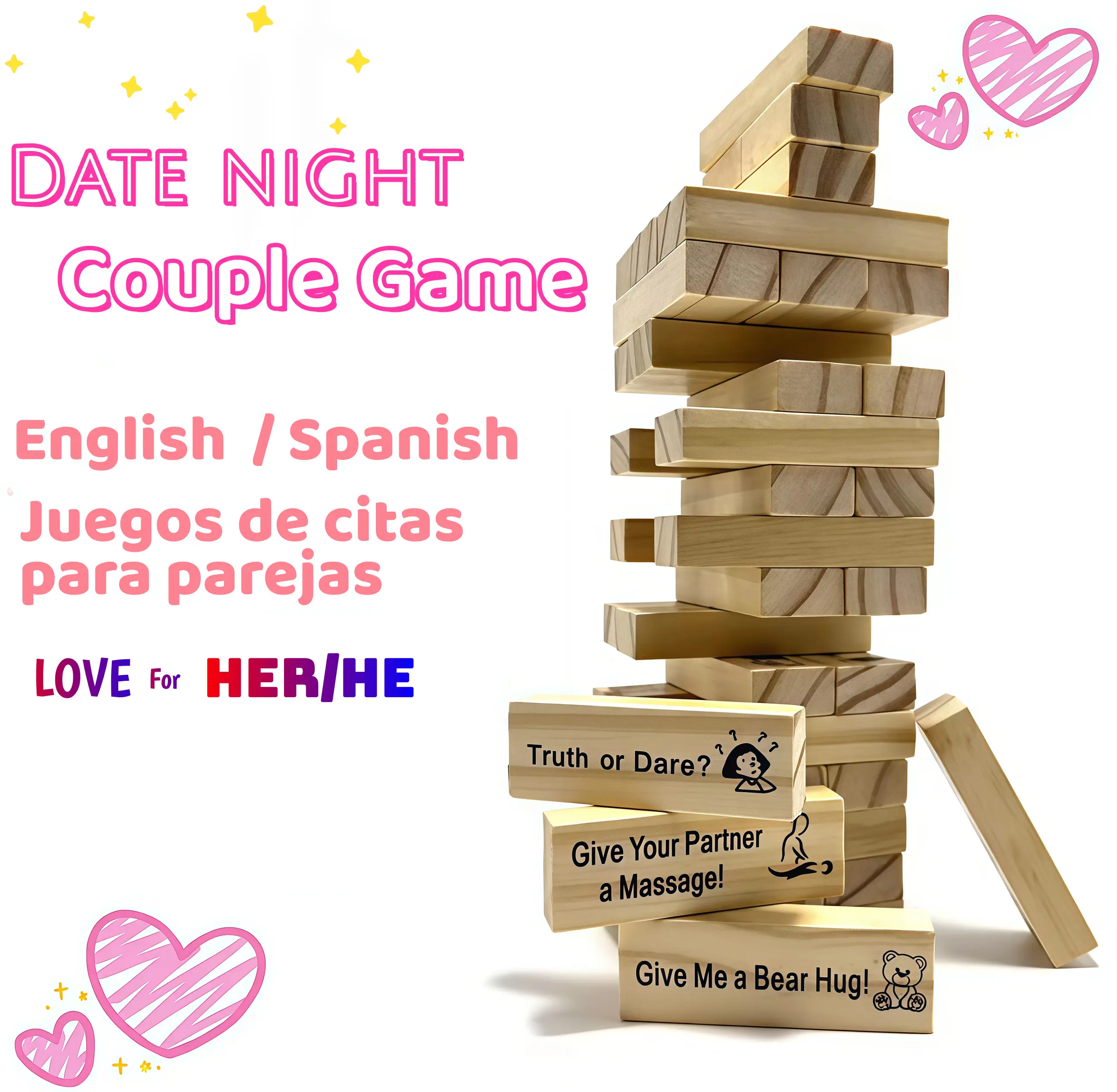 Blocking Stacking Game for dating Spanish/English Version  48 Pcs Wooden Blocks Gift for Girlfriend Party Prank Fun Building