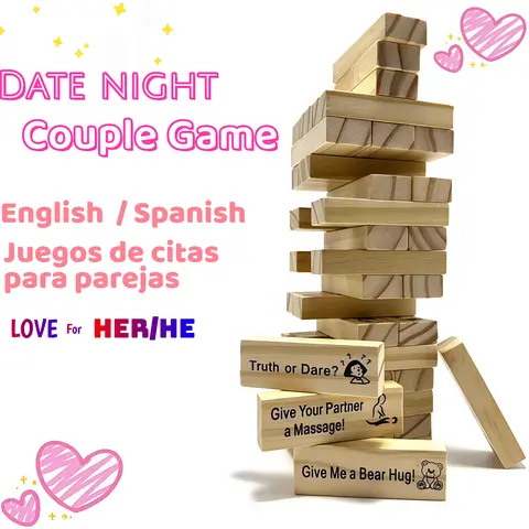 Blocking Stacking Game for dating Spanish/English Version  48 Pcs Wooden Blocks Gift for Girlfriend Party Prank Fun Building