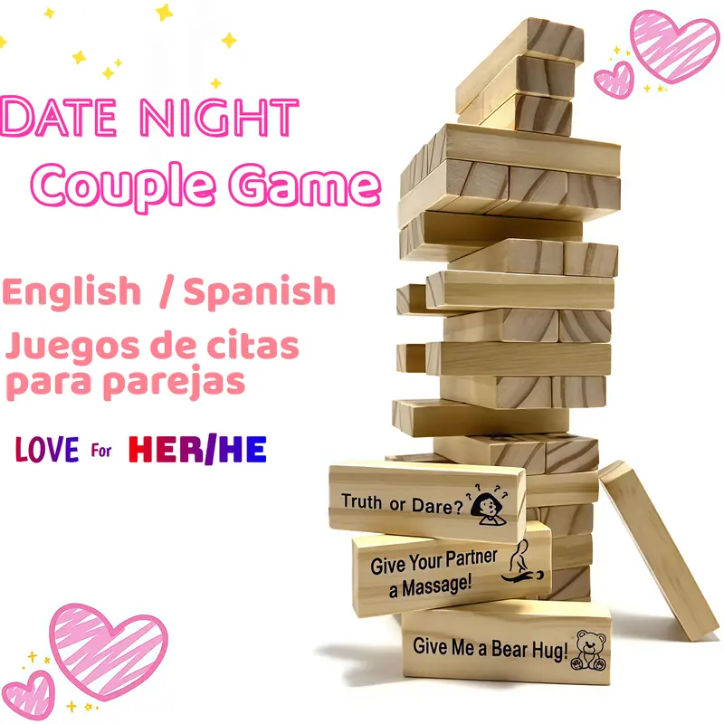 Blocking Stacking Game for dating Spanish/English Version  48 Pcs Wooden Blocks Gift for Girlfriend Party Prank Fun Building
