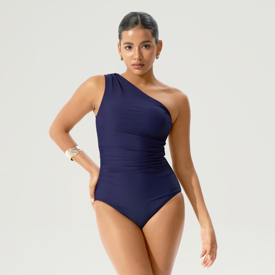 BodyTips Diagonal Shoulder OnePiece Swimsuit Halter Neck Ruched Design Tummy Control Cooling Feel Flexible Fit Swimwear Streamlined Look Popular Beach Outfit Versatile One Piece For Pool Vacation Summer Activities Sunbathing Water Sports Casual Swim Style