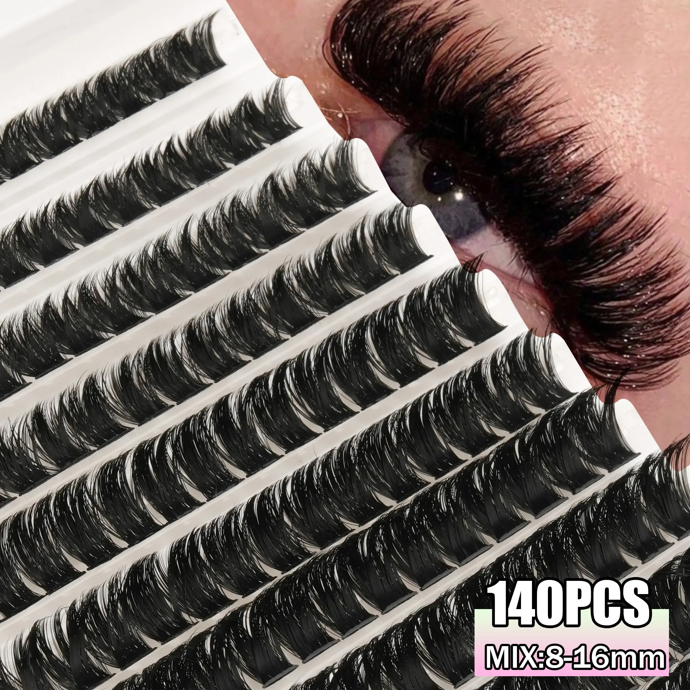 140 Piece D Curl 80D False Eyelashes, Makeup, Fluffy Natural Look, Volume Lashes, Volumized False Eyelashes, Cosmetic, DIY Segment Tray, Beginner Friendly, Dense Reusable Individual Lash Extensions, Lightweight, Curly Lashes