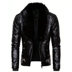 Men'S Detachable Fur-Collared Jacket, Suitable for Middle Eastern Styles. Menswear Coats Polyester Stretch Tops Fabric  Zipper Black Knife Wetsuit Long Sleeve