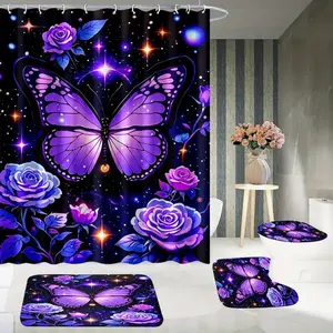 Floral Background Shower Curtain Set with Butterfly Design, Non-Slip Mat, U-Shaped Rug, Toilet Lid Cover, Perfect for Bathroom Decor