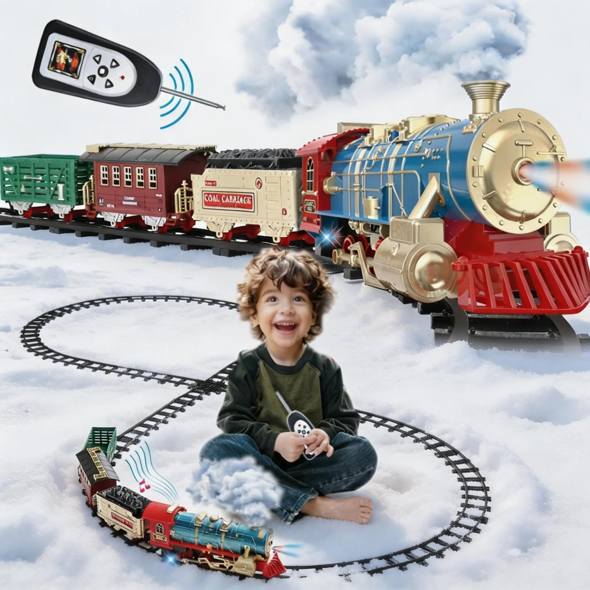 Remote Control Train Set for Kids , Electric Toy Train with Steam, Lights & Sounds, Includes 17 Tracks & Rechargeable Battery for Indoor Play