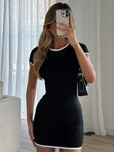 Colorblock Trim Round Neck Short Sleeve Dress, Slim Fit Bodycon Mini Skirt, Casual Date Night Versatile Tight-Fitting Dress, Chic