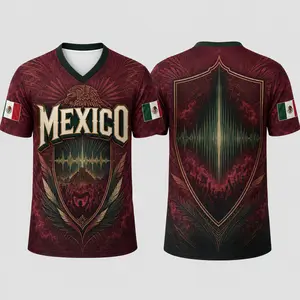 Mexican-Inspired Burgundy Pulse V-Neck Graphic Shirt, Eagle Shield Soundwave Print Short Sleeve Sports Top, Cultural Casual Shirt for Men