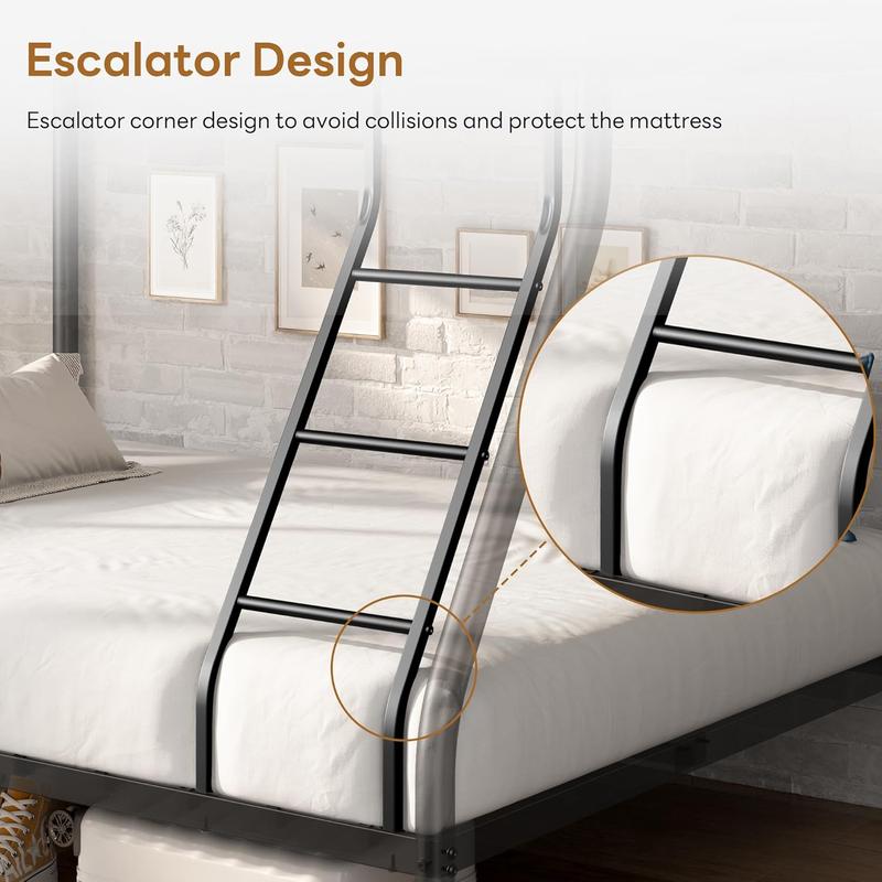 Bunk Beds Twin Over Full Size, More Sturdy Heavy Duty Metal Bunk Bed with Angled Ladder for Teens and Adults, Used for Spaces-Saving, Apartment or Dorm, Noise Free & Easy Assembly, Black